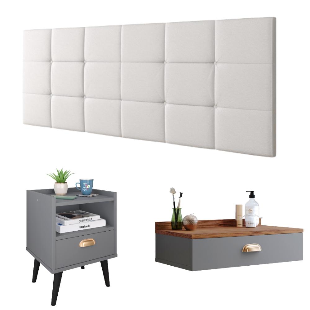 Kit Quarto Casal Penteadeira Suspensa Gloss Cinza-Freijó Mesinha Lateral Estilo Cinza Cabeceira Cama Box Queen Bia 1.60 Branco Corino - RPM Móveis