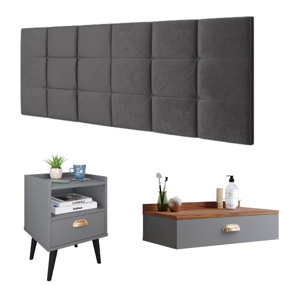 Kit Quarto Casal Penteadeira Suspensa Gloss Cinza-Freijó Mesinha Lateral Estilo Cinza Cabeceira Cama Box Queen Bia 1.60 Cinza Suede - RPM Móveis