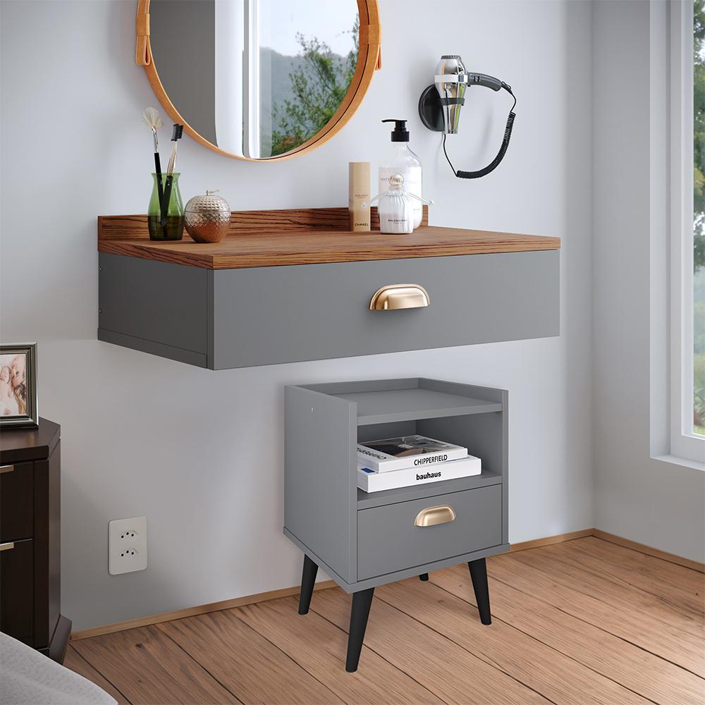 Kit Quarto Casal Penteadeira Suspensa Gloss Cinza-Freijó Mesinha Lateral Estilo Cinza Cabeceira Cama Box Queen Bia 1.60 Cinza Suede - RPM Móveis