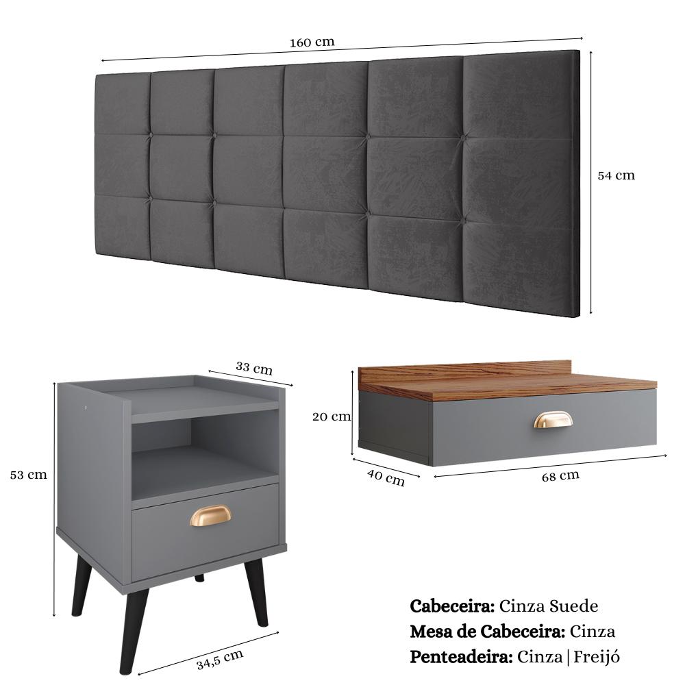 Kit Quarto Casal Penteadeira Suspensa Gloss Cinza-Freijó Mesinha Lateral Estilo Cinza Cabeceira Cama Box Queen Bia 1.60 Cinza Suede - RPM Móveis
