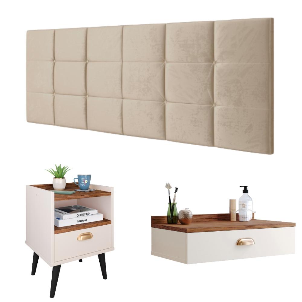 Kit Quarto Casal Penteadeira Suspensa Gloss Mesinha Lateral Estilo Off White-Freijó Cabeceira Cama Box Queen Bia 1.60 Areia Suede - RPM Móveis