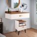 Kit Quarto Casal Penteadeira Suspensa Gloss Mesinha Lateral Estilo Off White-Freijó Cabeceira Cama Box Queen Bia 1.60 Areia Suede - RPM Móveis