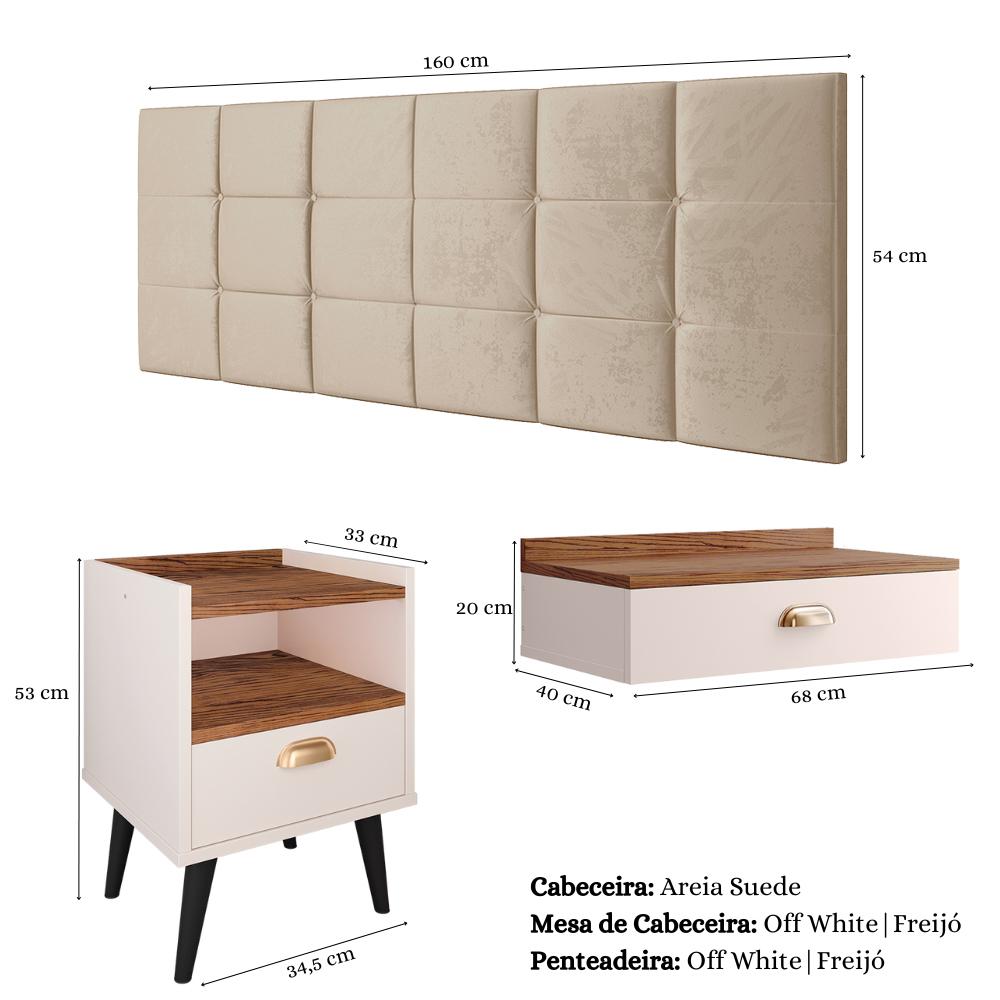 Kit Quarto Casal Penteadeira Suspensa Gloss Mesinha Lateral Estilo Off White-Freijó Cabeceira Cama Box Queen Bia 1.60 Areia Suede - RPM Móveis