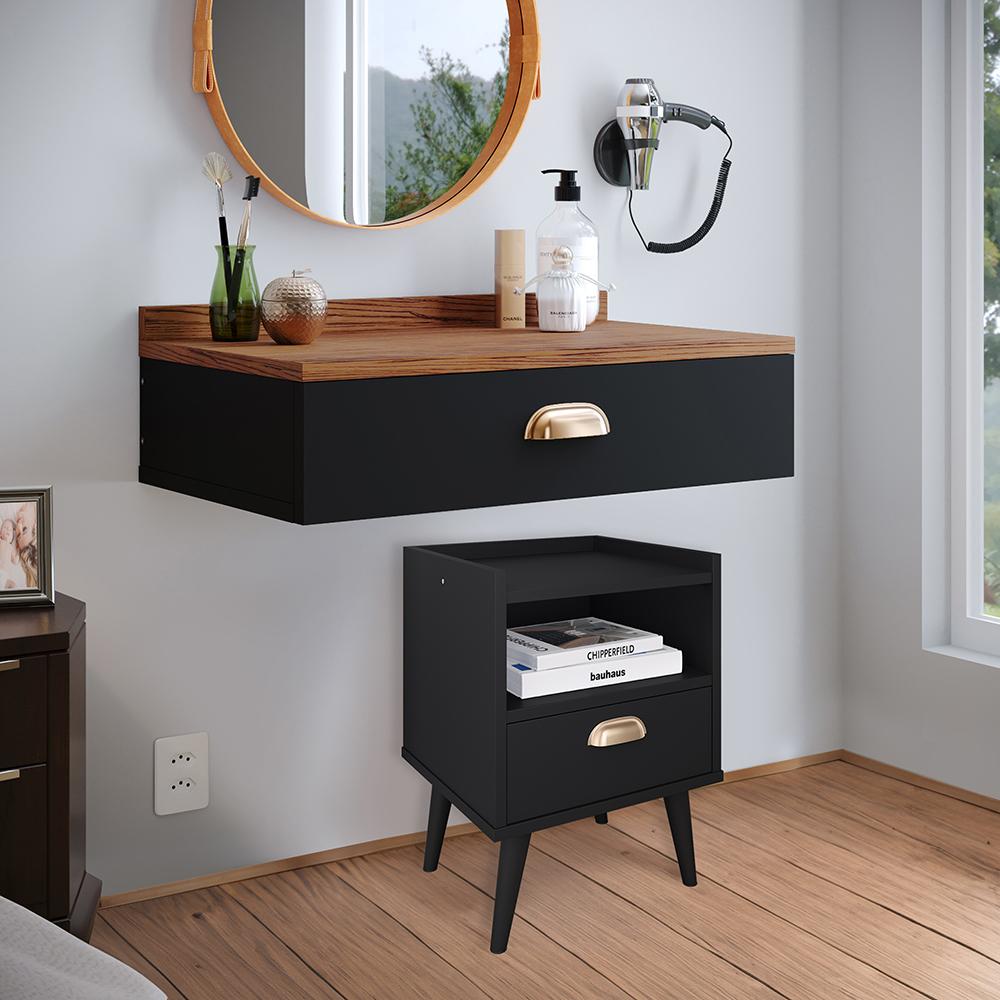 Kit Quarto Casal Penteadeira Suspensa Gloss Preto-Freijó Mesinha Lateral Estilo Preto Cabeceira Cama Box Queen Bia 1.60 Cinza Linho - RPM Móveis