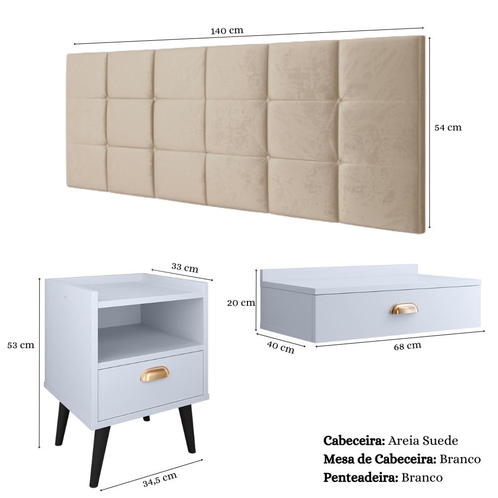 Kit Quarto Penteadeira Suspensa Gloss Mesinha Lateral Estilo Branco Cabeceira Cama Box Casal Bia 1.40 Areia Suede - RPM Móveis