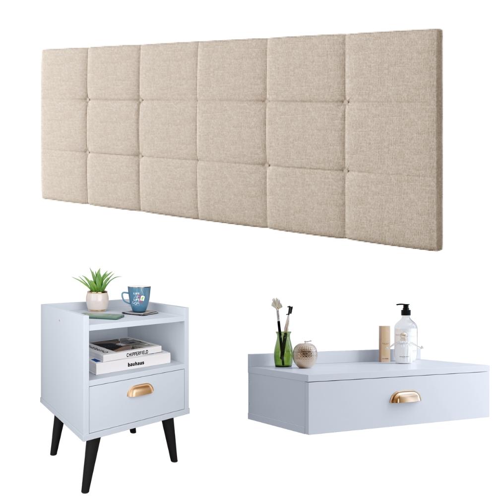 Kit Quarto Penteadeira Suspensa Gloss Mesinha Lateral Estilo Branco Cabeceira Cama Box Casal Bia 1.40 Bege Linho - RPM Móveis