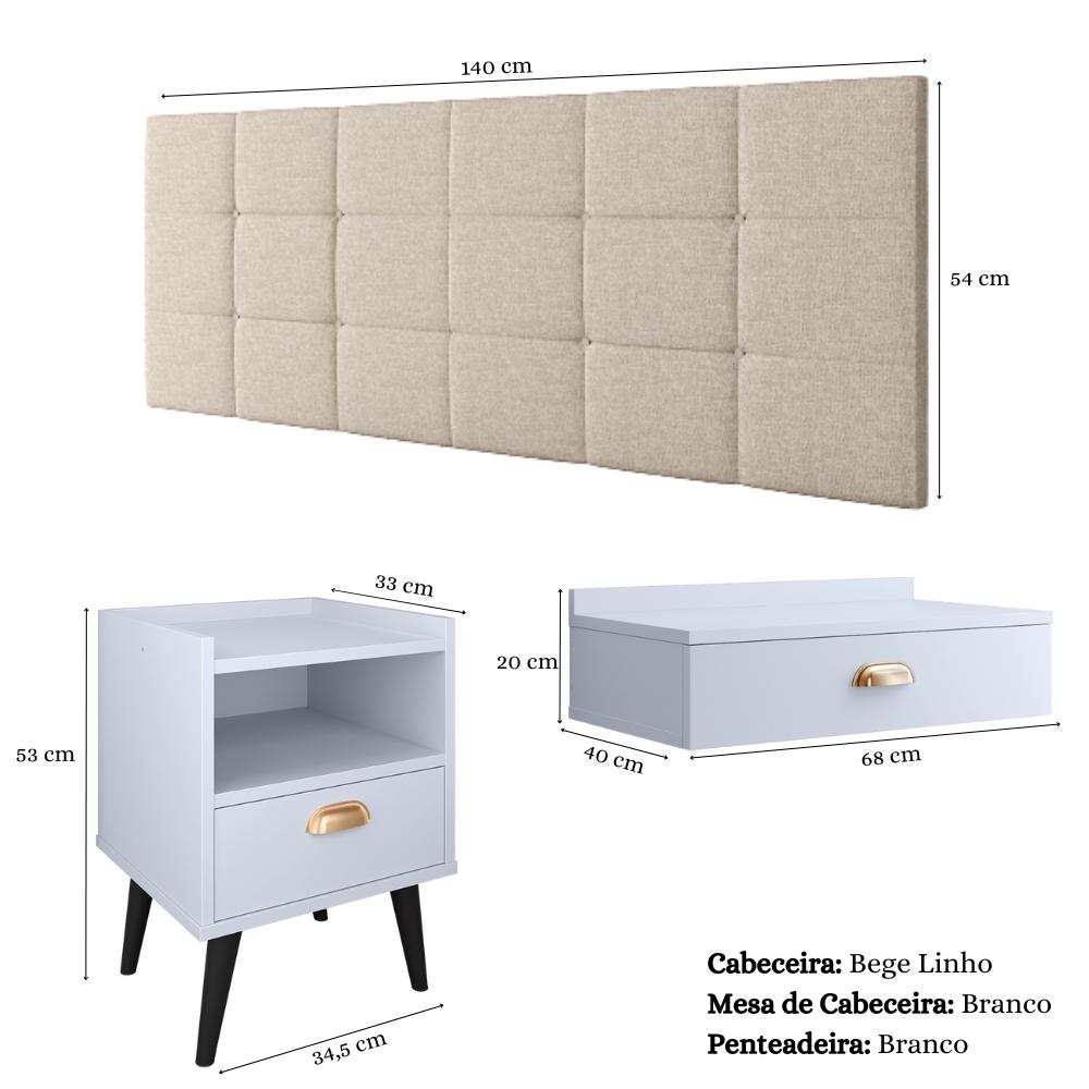 Kit Quarto Penteadeira Suspensa Gloss Mesinha Lateral Estilo Branco Cabeceira Cama Box Casal Bia 1.40 Bege Linho - RPM Móveis