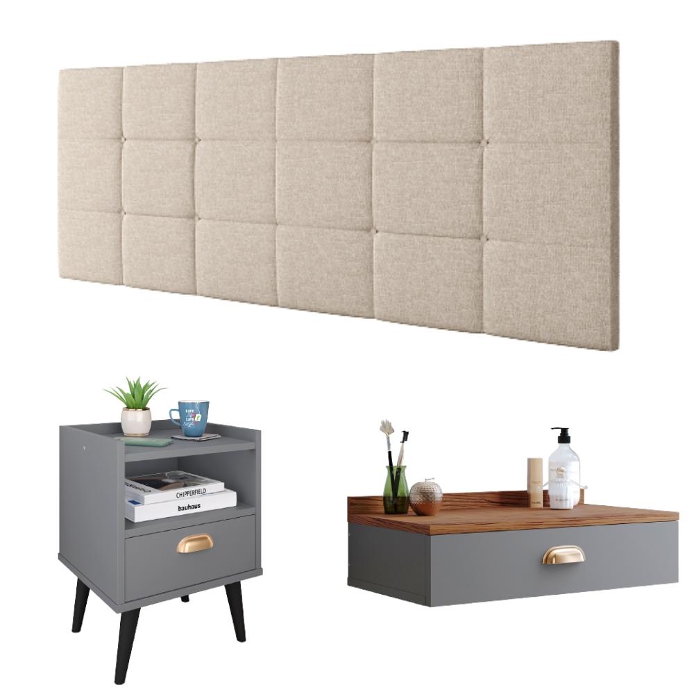 Kit Quarto Penteadeira Suspensa Gloss Mesinha Lateral Estilo Cinza-Freijó Cabeceira Cama Box Casal Bia 1.40 Bege Linho - RPM Móveis 