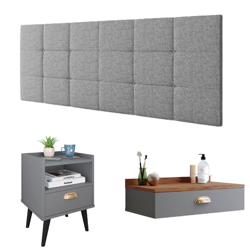 Kit Quarto Penteadeira Suspensa Gloss Mesinha Lateral Estilo Cinza-Freijó Cabeceira Cama Box Casal Bia 1.40 Cinza Linho - RPM Móveis