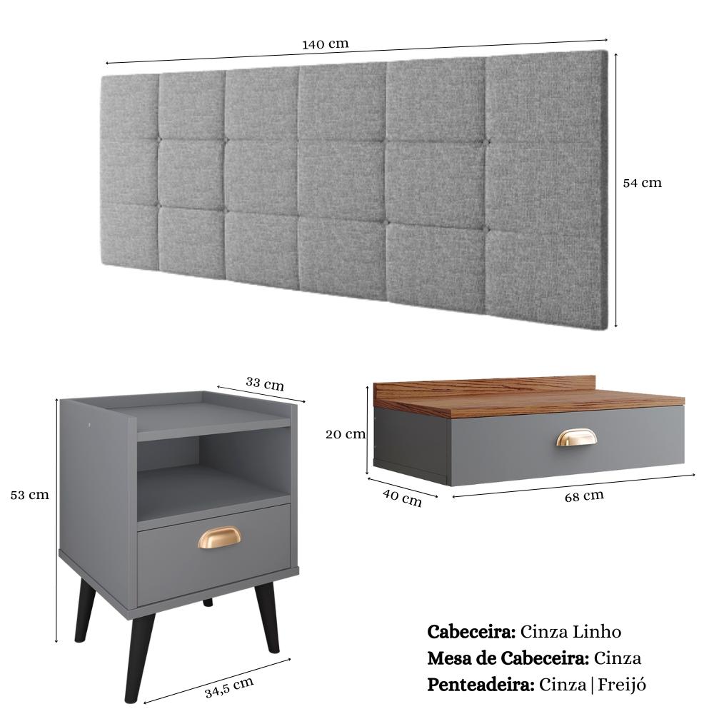 Kit Quarto Penteadeira Suspensa Gloss Mesinha Lateral Estilo Cinza-Freijó Cabeceira Cama Box Casal Bia 1.40 Cinza Linho - RPM Móveis