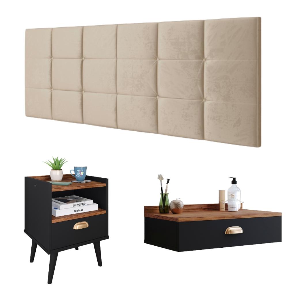 Kit Quarto Penteadeira Suspensa Gloss Mesinha Lateral Estilo Preto-Freijó Cabeceira Cama Box Casal Bia 1.40 Areia Suede - RPM Móveis 