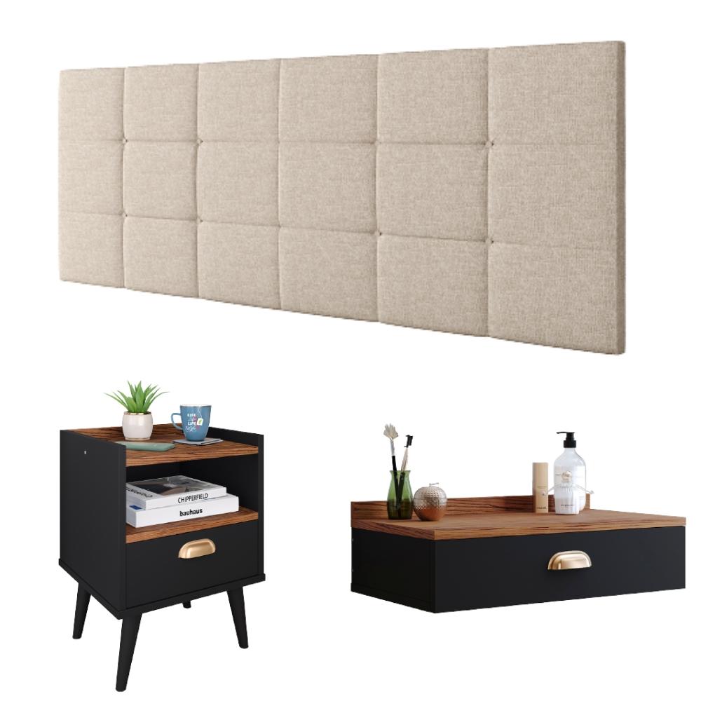 Kit Quarto Penteadeira Suspensa Gloss Mesinha Lateral Estilo Preto-Freijó Cabeceira Cama Box Casal Bia 1.40 Bege Linho - RPM Móveis 