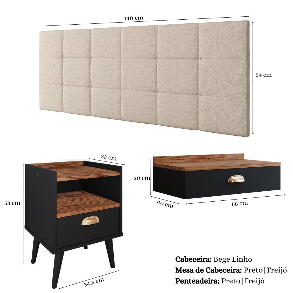 Kit Quarto Penteadeira Suspensa Gloss Mesinha Lateral Estilo Preto-Freijó Cabeceira Cama Box Casal Bia 1.40 Bege Linho - RPM Móveis 