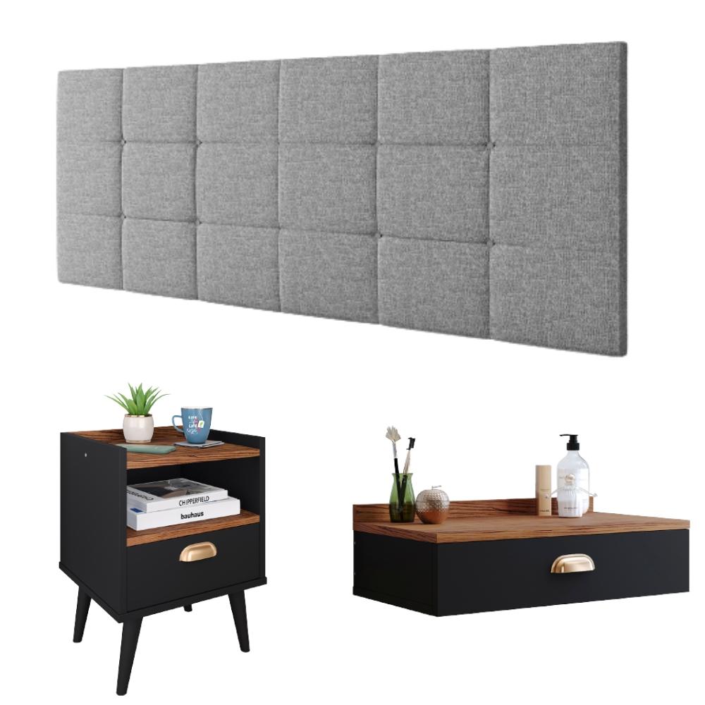 Kit Quarto Penteadeira Suspensa Gloss Mesinha Lateral Estilo Preto-Freijó Cabeceira Cama Box Casal Bia 1.40 Cinza Linho - RPM Móveis 