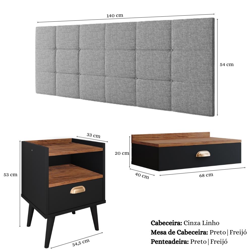 Kit Quarto Penteadeira Suspensa Gloss Mesinha Lateral Estilo Preto-Freijó Cabeceira Cama Box Casal Bia 1.40 Cinza Linho - RPM Móveis 
