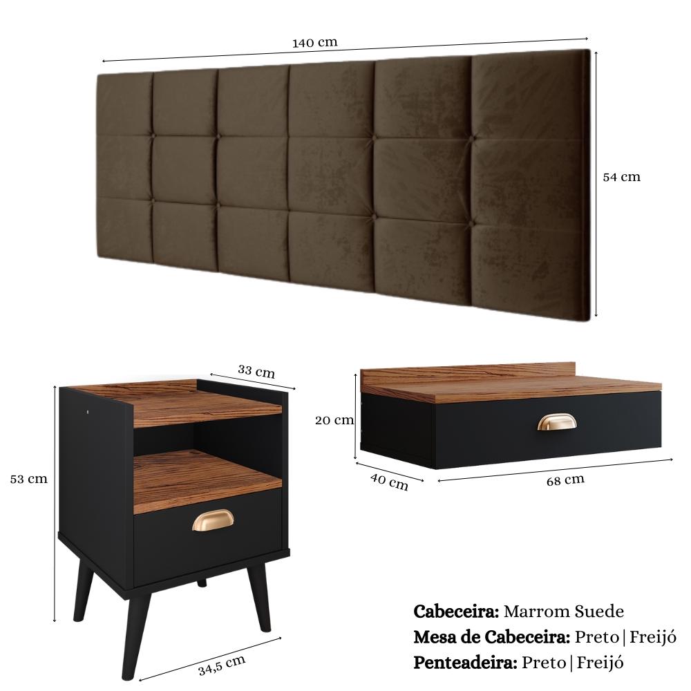 Kit Quarto Penteadeira Suspensa Gloss Mesinha Lateral Estilo Preto-Freijó Cabeceira Cama Box Casal Bia 1.40 Marrom Suede - RPM Móveis 