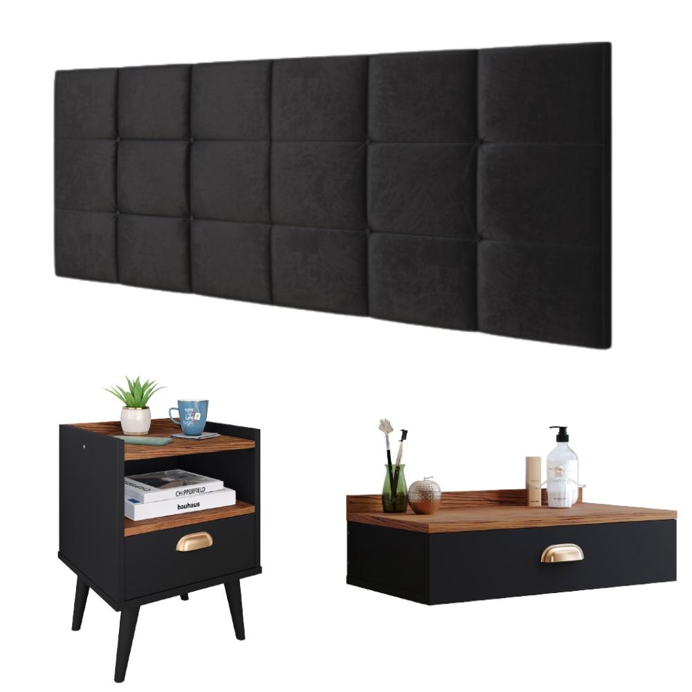 Kit Quarto Penteadeira Suspensa Gloss Mesinha Lateral Estilo Preto-Freijó Cabeceira Cama Box Casal Bia 1.40 Preto Suede - RPM Móveis