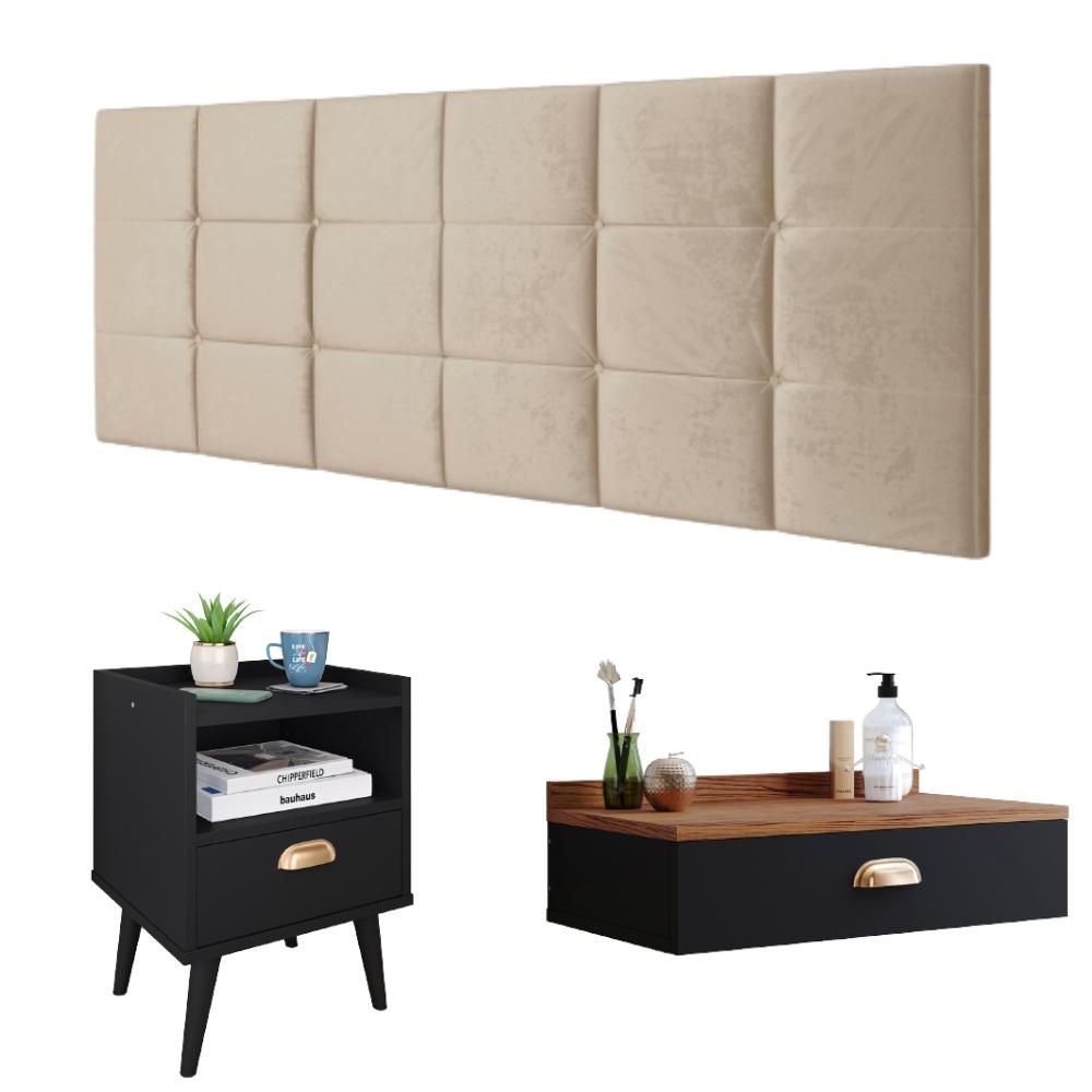 Kit Quarto Penteadeira Suspensa Gloss Preto-Freijó Mesinha Lateral Estilo Preto Cabeceira Cama Box Casal Bia 1.40 Areia Suede - RPM Móveis