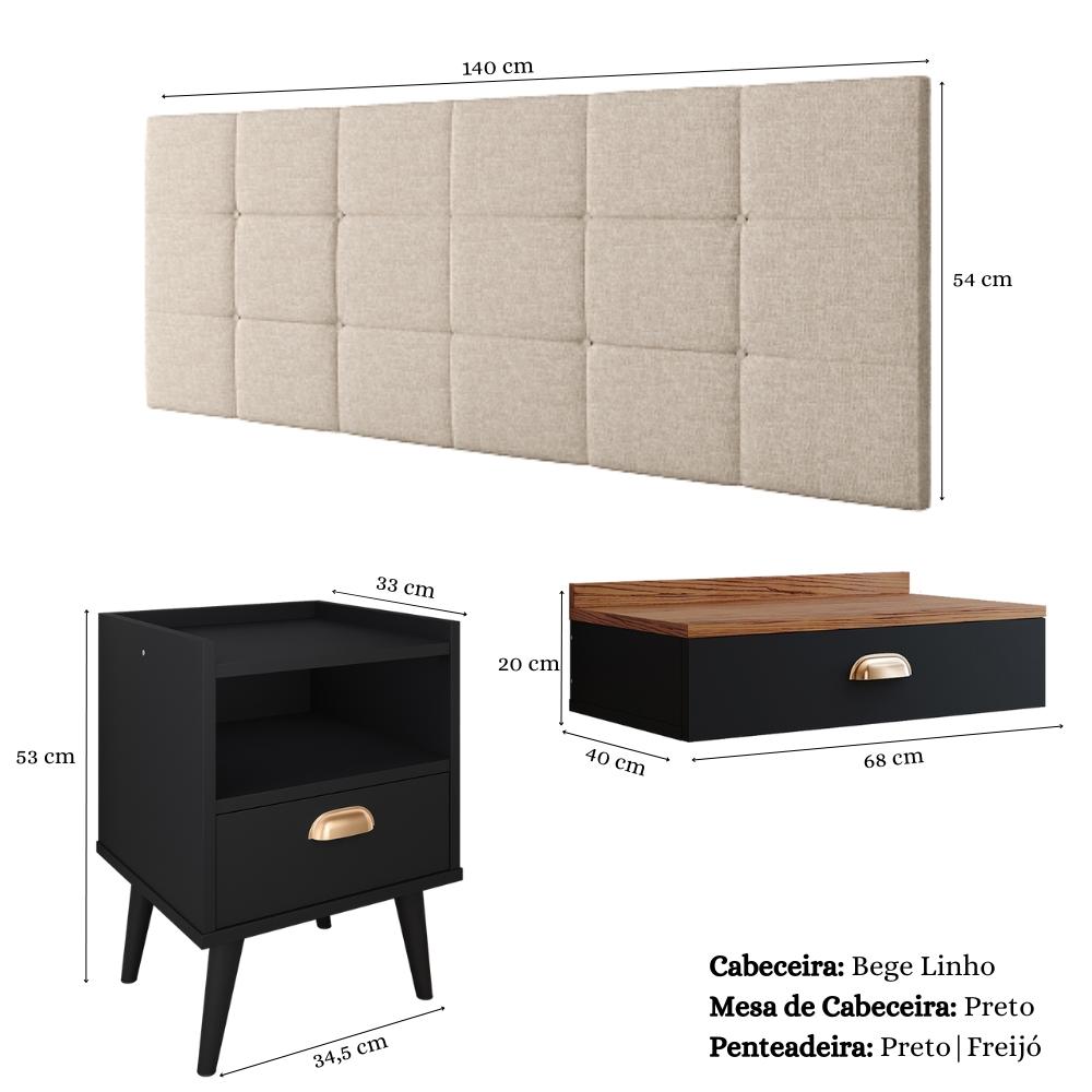 Kit Quarto Penteadeira Suspensa Gloss Preto-Freijó Mesinha Lateral Estilo Preto Cabeceira Cama Box Casal Bia 1.40 Bege Linho - RPM Móveis