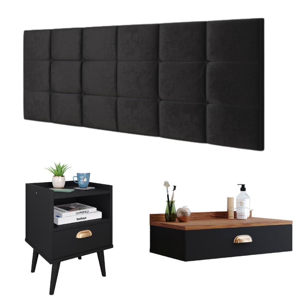 Kit Quarto Penteadeira Suspensa Gloss Preto-Freijó Mesinha Lateral Estilo Preto Cabeceira Cama Box Casal Bia 1.40 Preto Suede - RPM Móveis