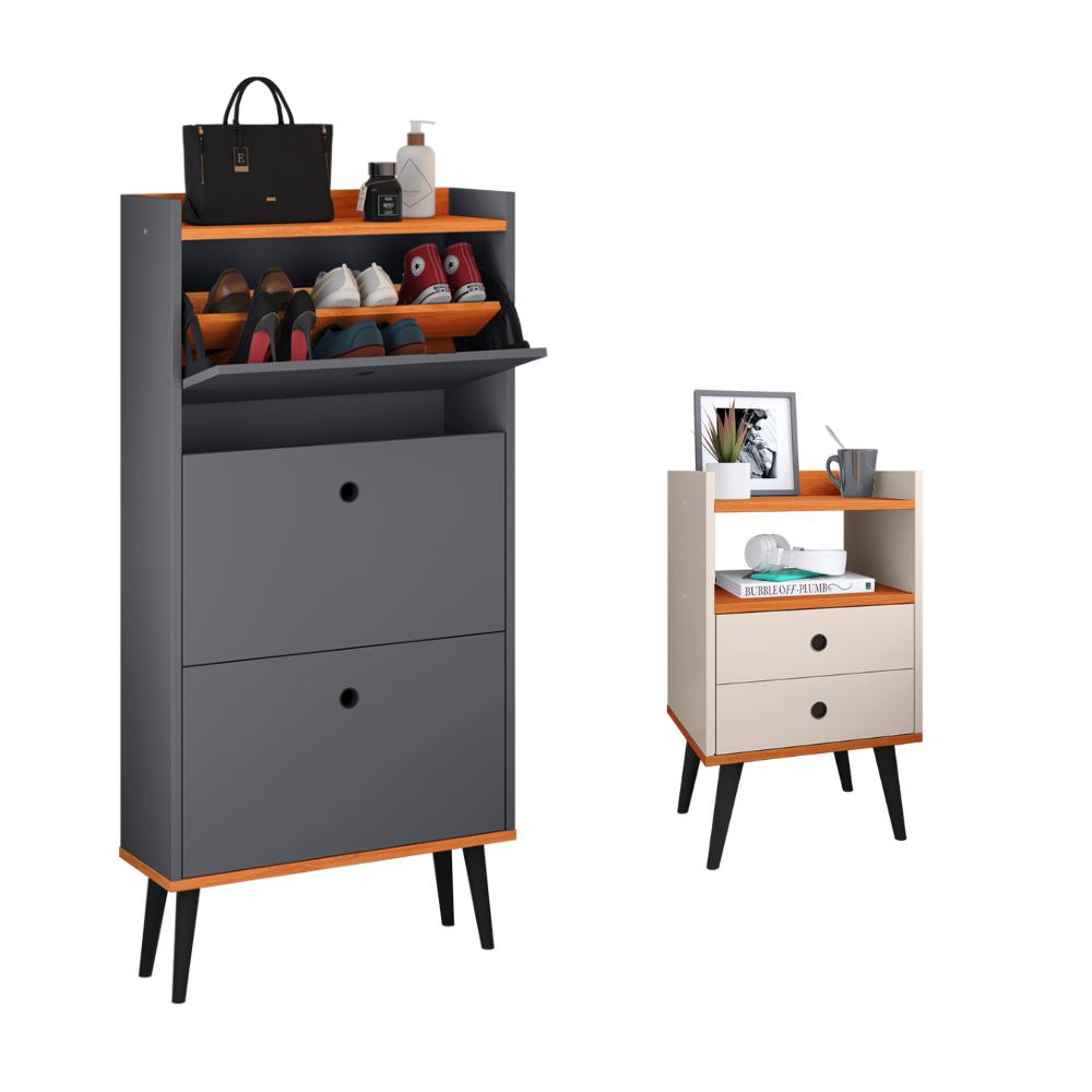 Kit Quarto Sapateira Vertical 3 Gavetas Basculantes Dark Cinza/Cinamomo e Mesinha Lateral Pequena Nicho Organizador Dream Off White/Cinamomo – RPM