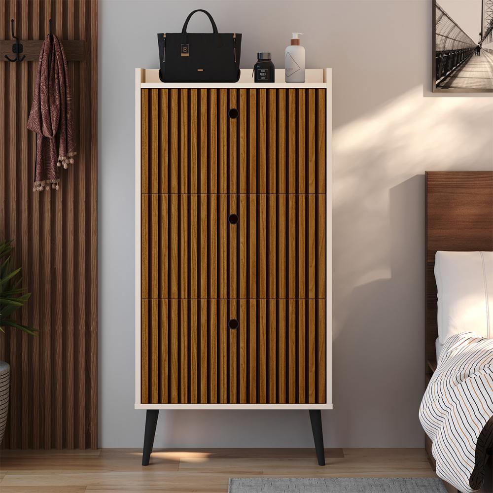 Kit Quarto Sapateira Vertical 3 Gavetas Basculantes Dark Off White/Ripado e Mesinha Lateral Pequena Nicho Organizador Dream Off White/Cinamomo – RPM