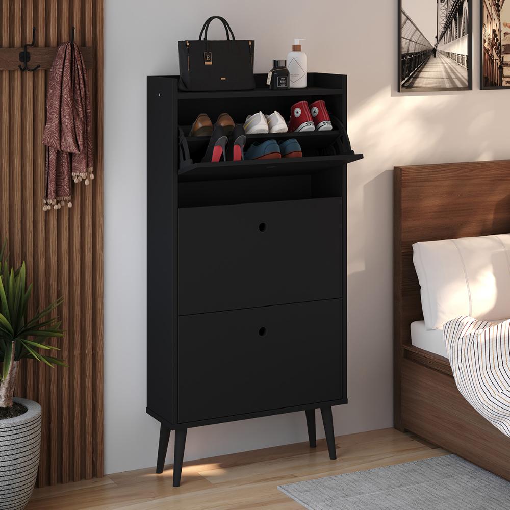 Kit Quarto Sapateira Vertical 3 Gavetas Basculantes Dark Preto e Mesinha Lateral Pequena Nicho Organizador Dream Preto/Cinamomo – RPM