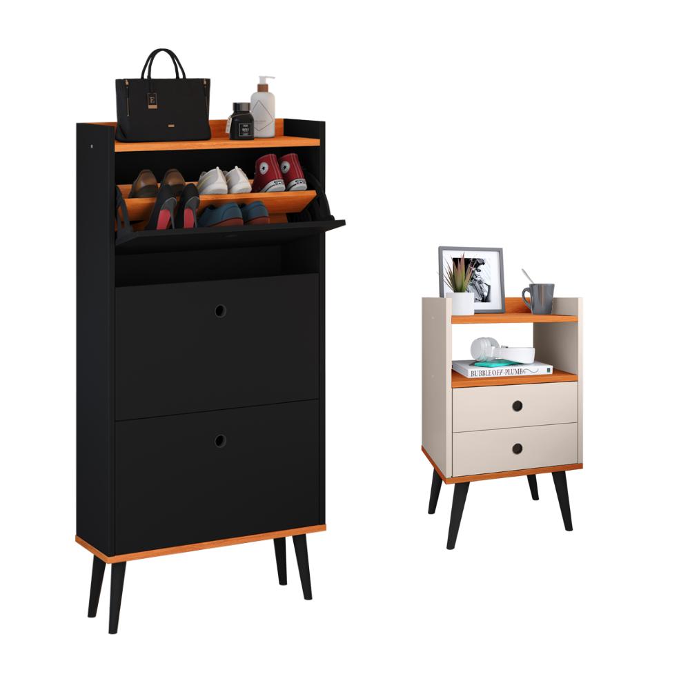 Kit Quarto Sapateira Vertical 3 Gavetas Basculantes Dark Preto/Cinamomo e Mesinha Lateral Pequena com Nicho Organizador Dream Off White/Cinamomo – RPM