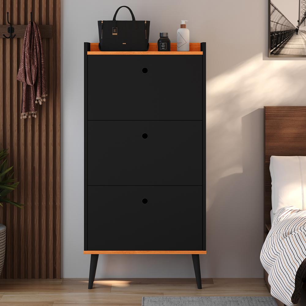 Kit Quarto Sapateira Vertical 3 Gavetas Basculantes Dark e Mesinha Lateral Pequena com Nicho Organizador Dream - Preto/Cinamomo – RPM