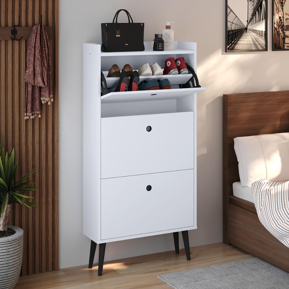 Kit Sapateira Vertical 3 Gavetas Basculantes Dark Branco e 2 Mesinhas Canto Quarto Nicho Decorativo Dream Preto/Cinamomo RPM