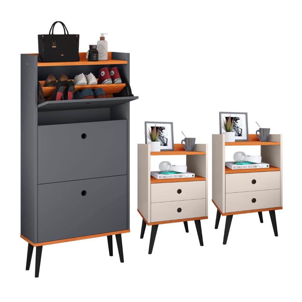 Kit Sapateira Vertical 3 Gavetas Basculantes Dark Cinza/Cinamomo e 2 Mesinhas Canto Quarto Nicho Decorativo Dream Off White/Cinamomo RPM