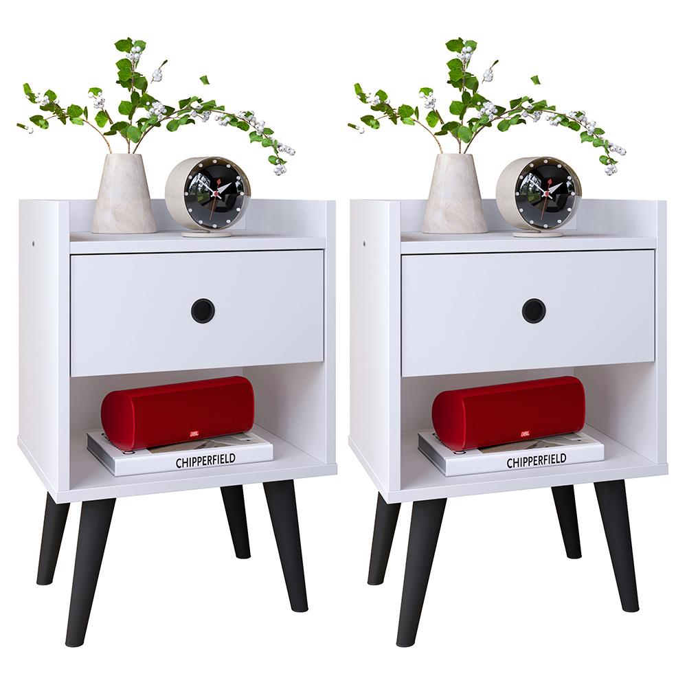 Mesa Cabeceira 1 Gaveta Organizadora Nicho Aberto Decorativo Pés Palito Retrô Mesinha Quarto - Branco/Preto - RPM Móveis