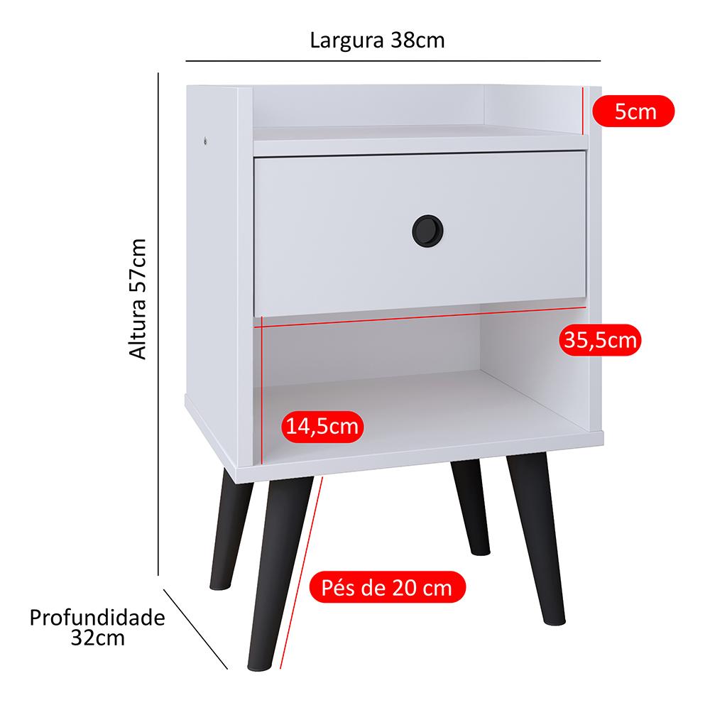 Mesa Cabeceira 1 Gaveta Organizadora Nicho Aberto Decorativo Pés Palito Retrô Mesinha Quarto - Branco/Preto - RPM Móveis