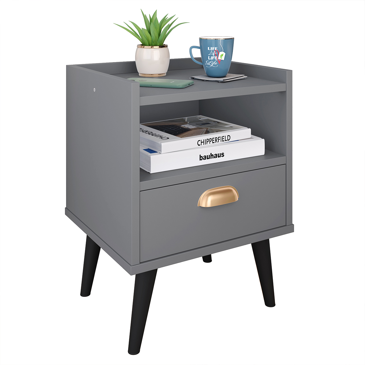 Mesa Cabeceira Estilo Retrô cor Cinza