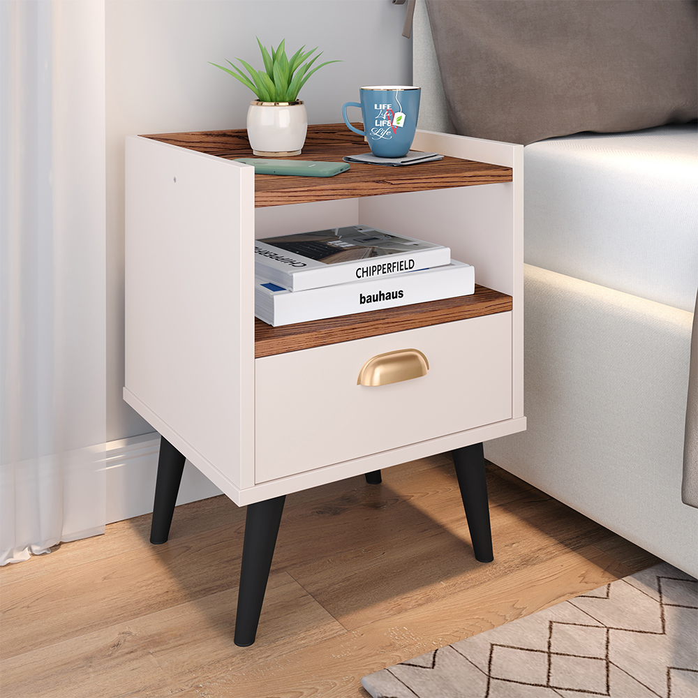 Mesa Cabeceira Estilo Retrô cor Off White / Freijó