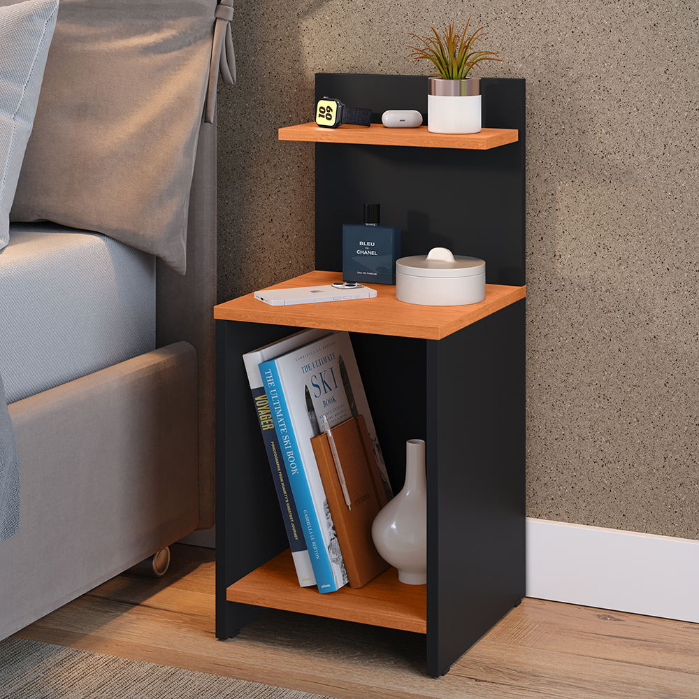 Mesa Cabeceira Fantasy Nicho Porta Objetos Prateleira Organizadora Mesinha Lateral Decoração Quarto Preto/Cinamomo - Lojas RPM