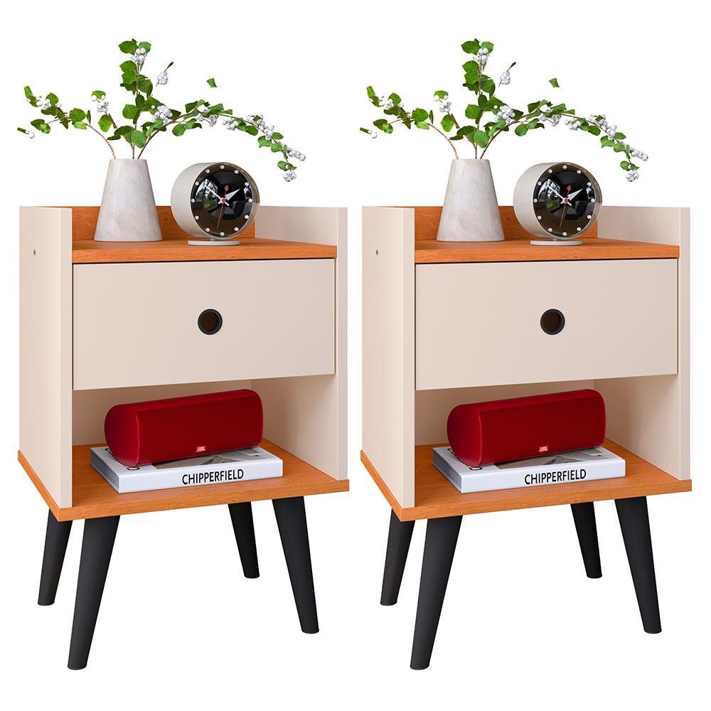 Mesa Cabeceira Off White/Cinamomo 1 Gaveta Organizadora Nicho Aberto Decorativo Pés Palito Retrô Mesinha Quarto Pés Preto - RPM Móveis