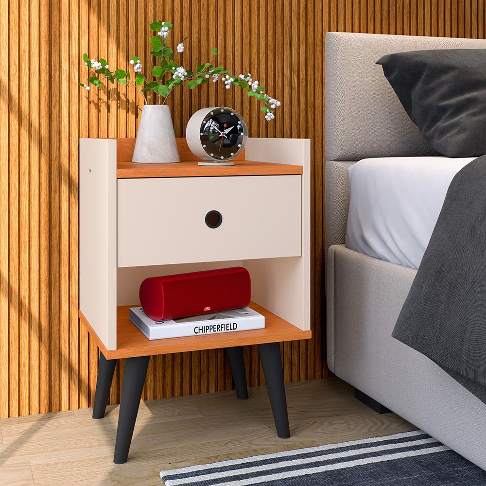 Mesa Cabeceira Off White/Cinamomo 1 Gaveta Organizadora Nicho Aberto Decorativo Pés Palito Retrô Mesinha Quarto Pés Preto - RPM Móveis