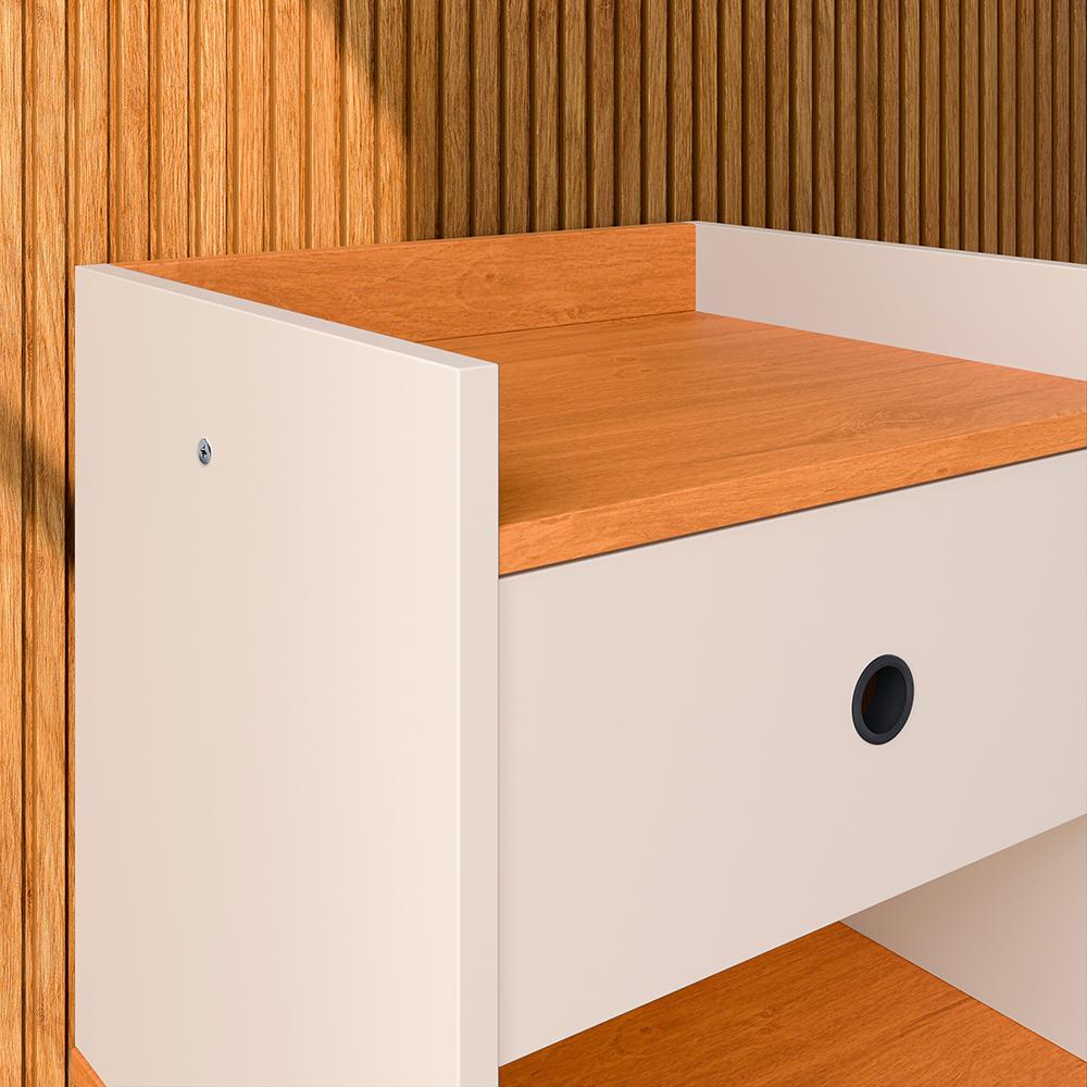 Mesa Cabeceira Off White/Cinamomo 1 Gaveta Organizadora Nicho Aberto Decorativo Pés Palito Retrô Mesinha Quarto Pés Preto - RPM Móveis