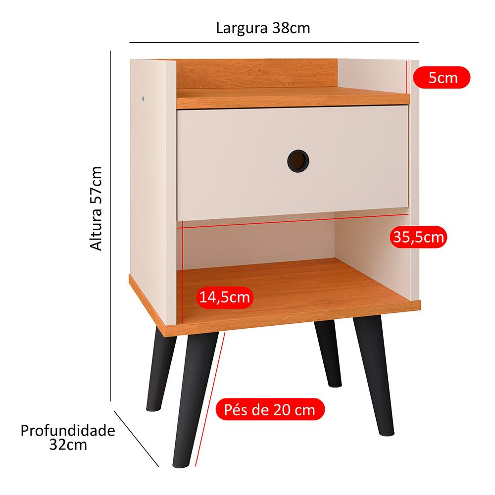 Mesa Cabeceira Off White/Cinamomo 1 Gaveta Organizadora Nicho Aberto Decorativo Pés Palito Retrô Mesinha Quarto Pés Preto - RPM Móveis