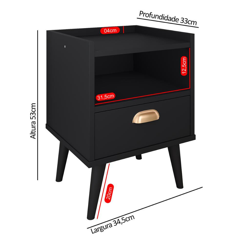 Mesa de Cabeceira Nicho Mesinha Quarto 1 Gaveta Puxador Concha Lauren Estilo Retrô - Preto - Lojas RPM