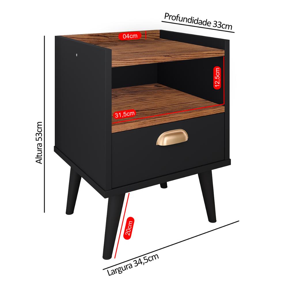 Mesa de Cabeceira Nicho Mesinha Quarto 1 Gaveta Puxador Concha Lauren Estilo Retrô - Preto/Freijó - Lojas RPM