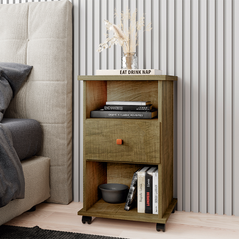 Mesa de Cabeceira Otto 1 Gaveta e Rodízios – Amendoa Wood – Móveis Primus