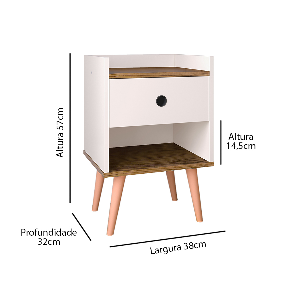 Mesa de Cabeceira Pequena 1 Gaveta Mesinha Suporte Cantinho Leitura Criado Estilo Retrô - Off White/ Freijó - Lojas RPM