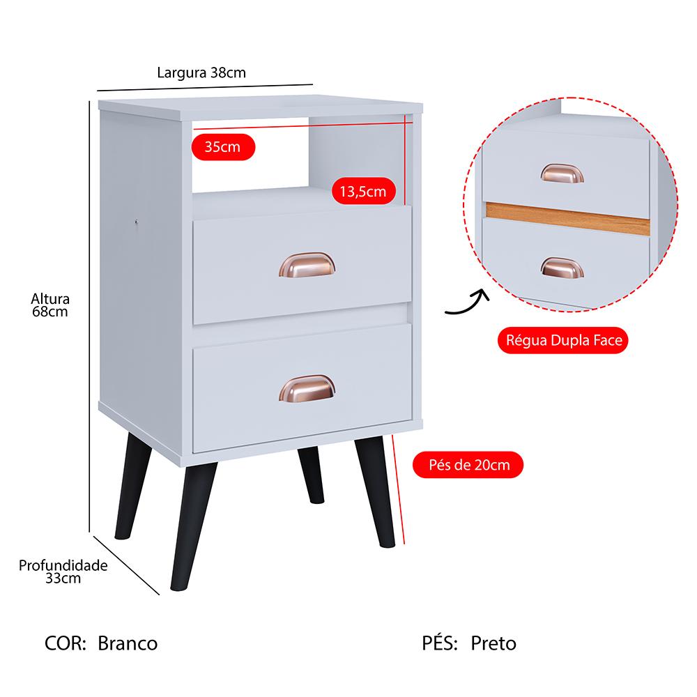 Mesa de Cabeceira Pequena Mesinha Com Gavetas Moderna Nicho Organizador Retrô Canto Quarto Classic New - Branco - RPM