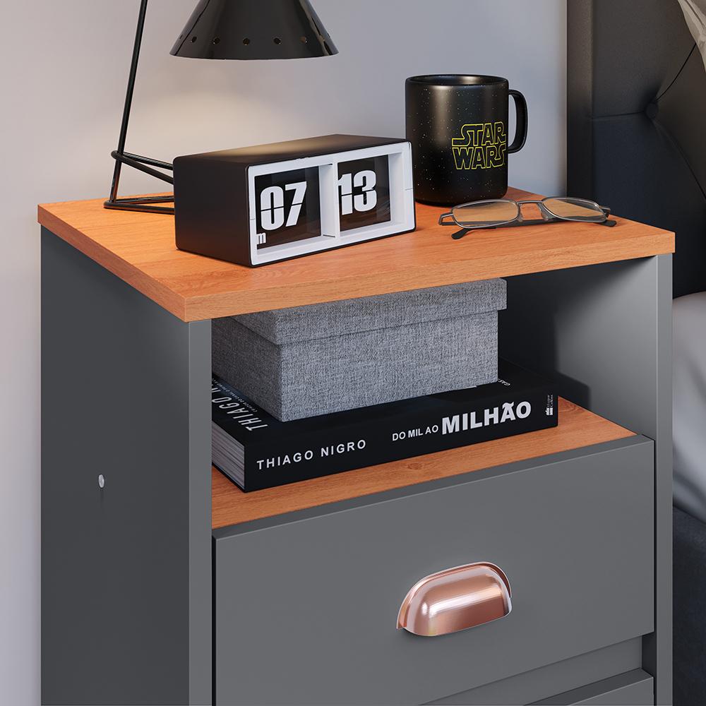 Mesa de Cabeceira Pequena Mesinha Com Gavetas Moderna Nicho Organizador Retrô Canto Quarto Classic New - Cinza/Cinamomo - RPM