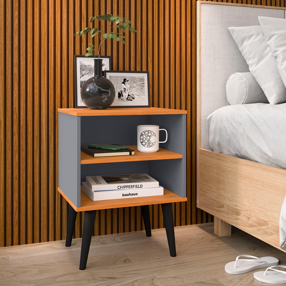 Mesa de Cabeceira Pequena Prateleira Nicho Decorativo Apoio Lateral Cama Quarto Casal Solteiro - Cinza/Cinamomo - RPM Móveis