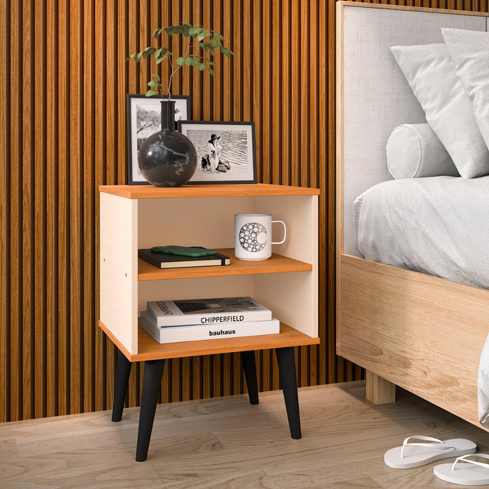 Mesa de Cabeceira Pequena Prateleira Nicho Decorativo Apoio Lateral Cama Quarto Casal Solteiro - Off White/Cinamomo - RPM Móveis