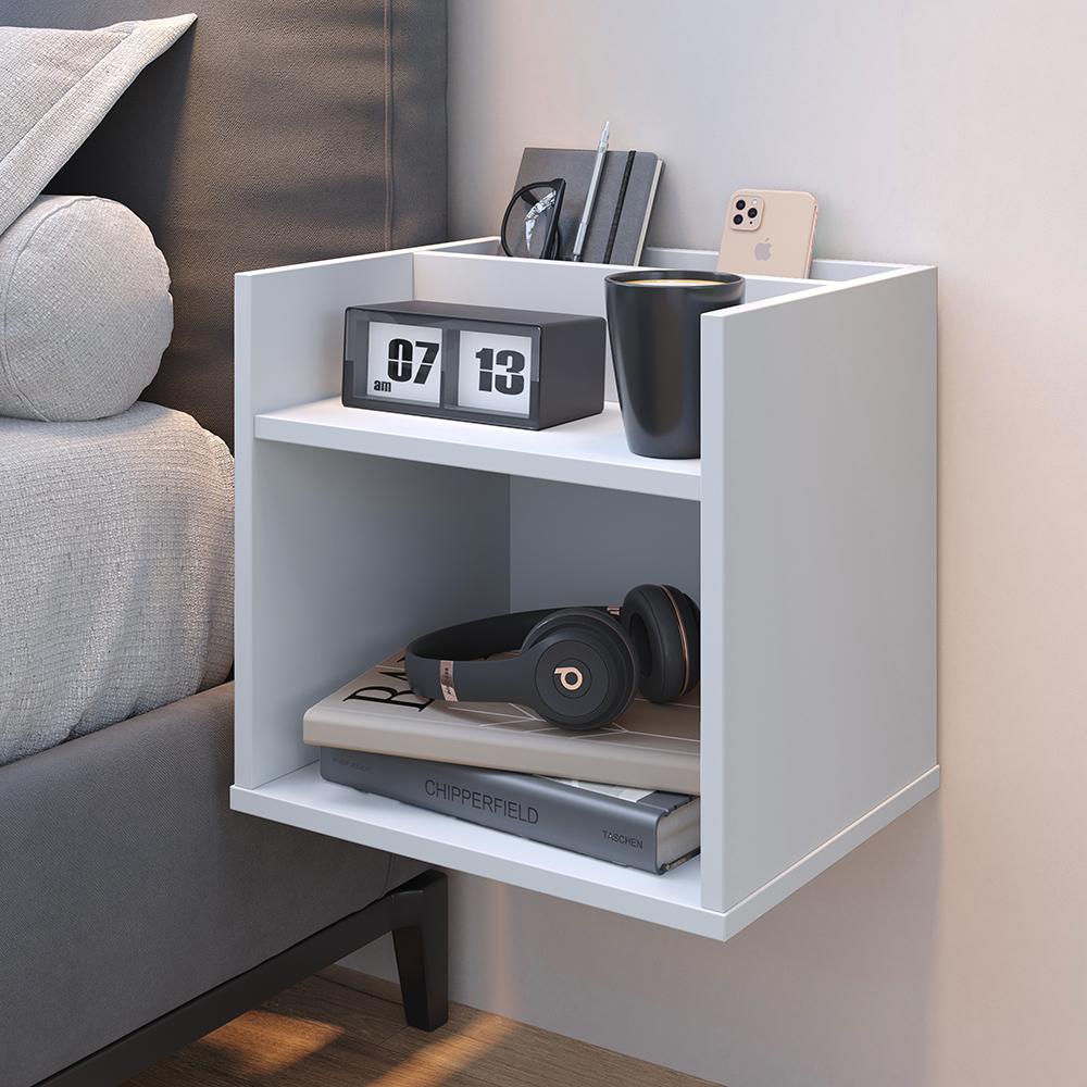 Mesa de Cabeceira Suspensa Madri Divisória Organizadora Nicho Mesinha Decorativa Quarto Casal Solteiro - Branco - RPM Móveis