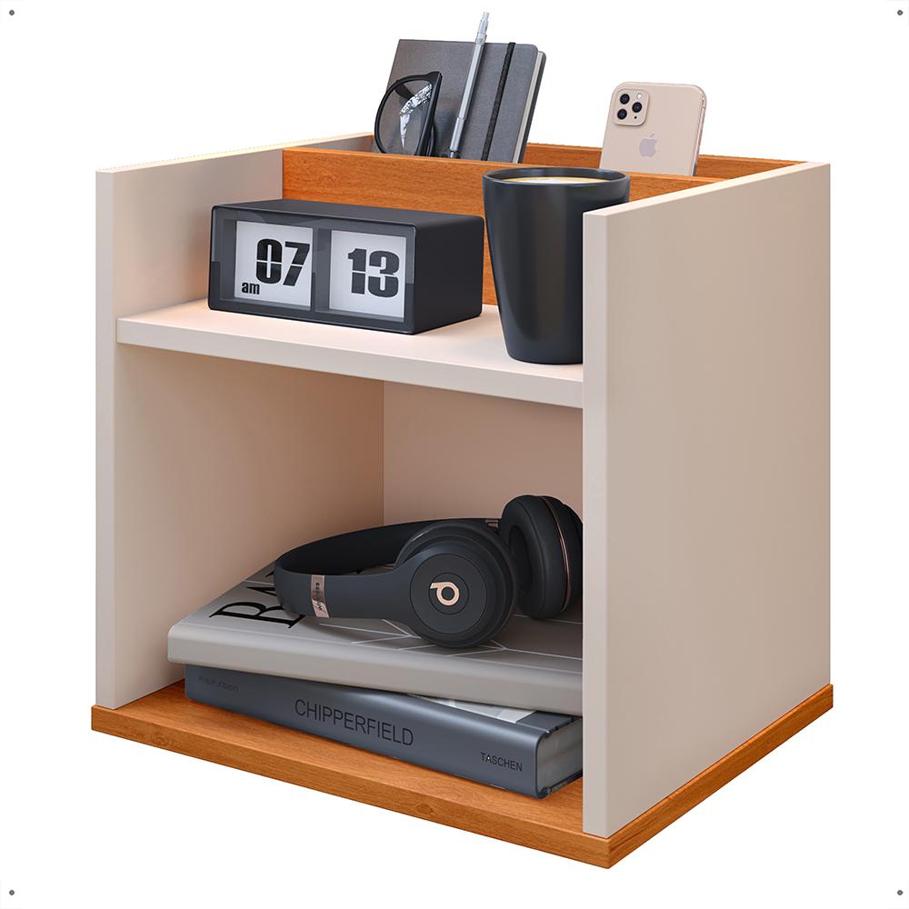 Mesa de Cabeceira Suspensa Madri Divisória Organizadora Nicho Mesinha Decorativa Quarto Casal Solteiro - Off White/Cinamomo - RPM Móveis